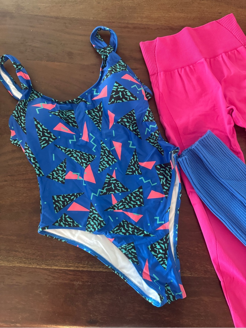 Women’s Totally 80s Costume Body Suit, Hot Pink Leggings with Blue Leg Warmers